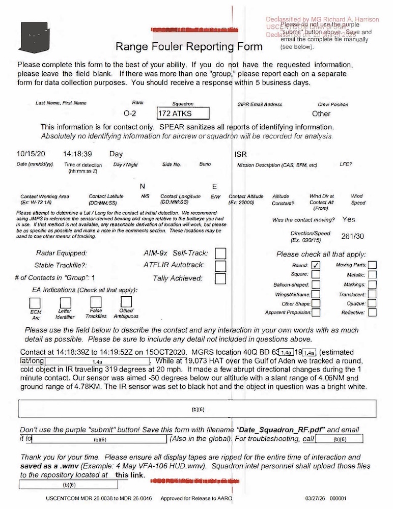DOW-UAP-D44, Range Fouler Reporting Form, Gulf of Aden, October 2020