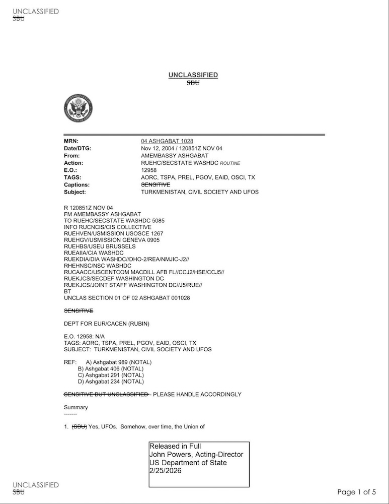 State Department UAP Cable 4, Ashgabat, Turkmenistan, November 5, 2004